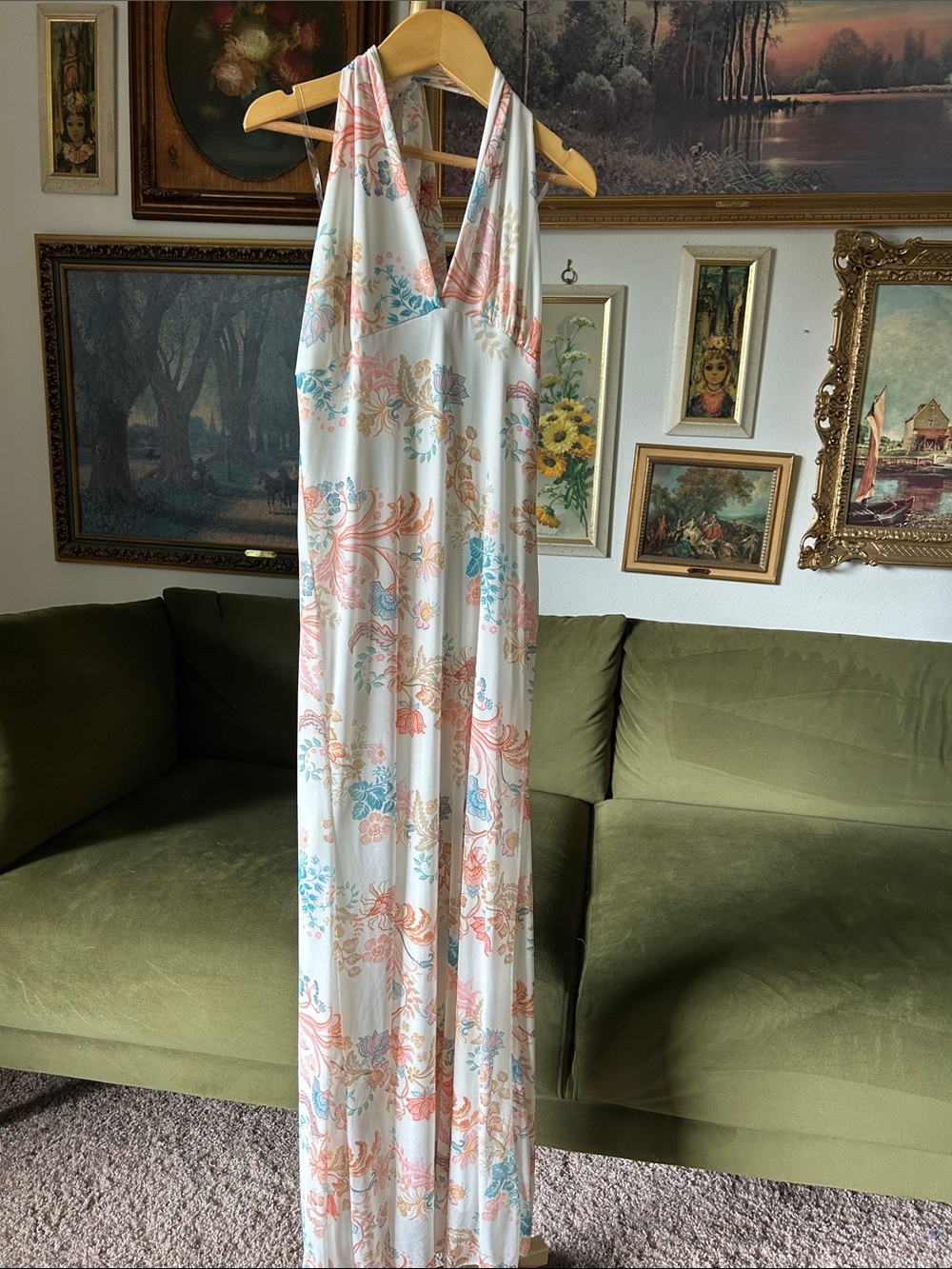 NWT See You Monday White Halter Maxi Dress with Pink & Blue Floral Print